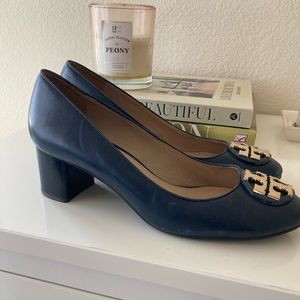 Tory Burch Navy Block Heels with Gold Logo, Size 9.5